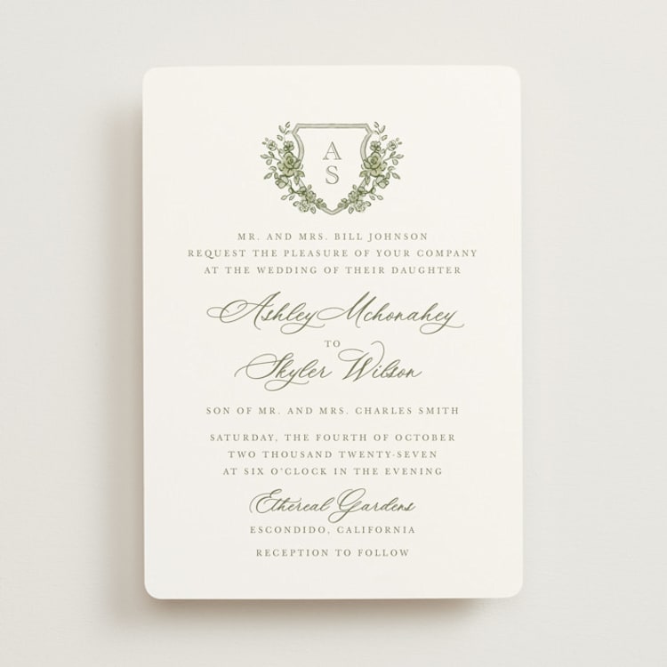 "watercolor flowers crest" - Wedding Invitations in Moss by Cass Loh - Front