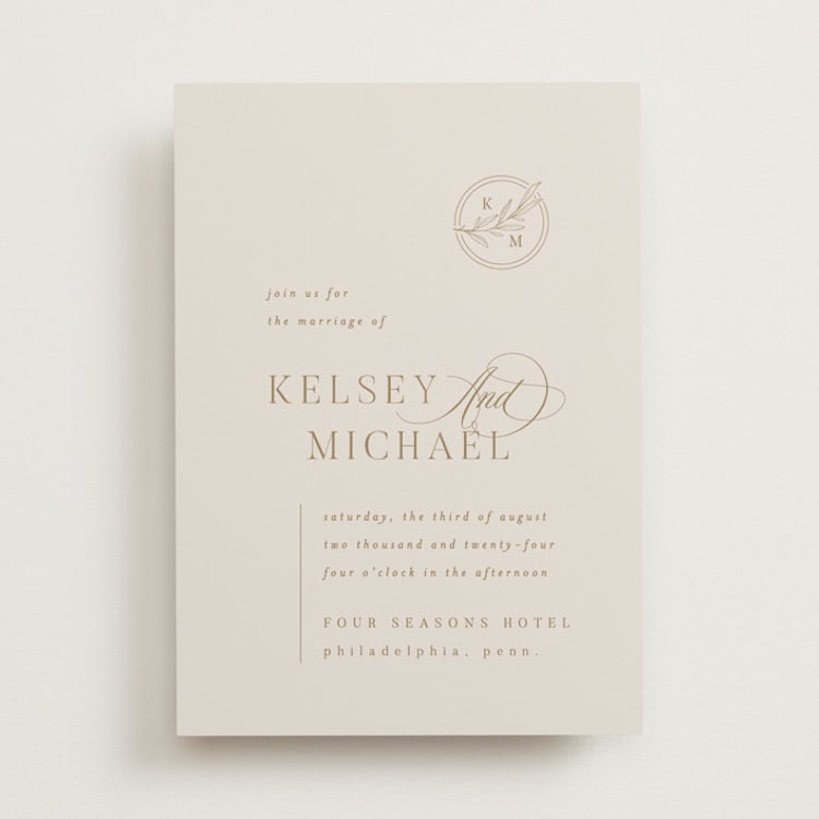 "Emblem" - Wedding Invitations in Champagne by Everett Paper Goods - Front