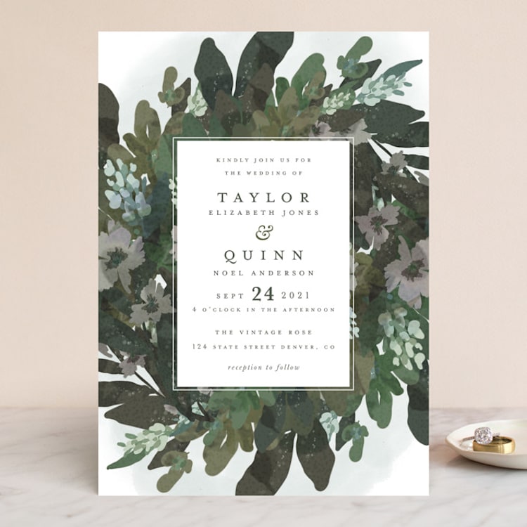 "Foliage Wreath" - Wedding Invitations in Evergreen by Grace Kreinbrink - Front