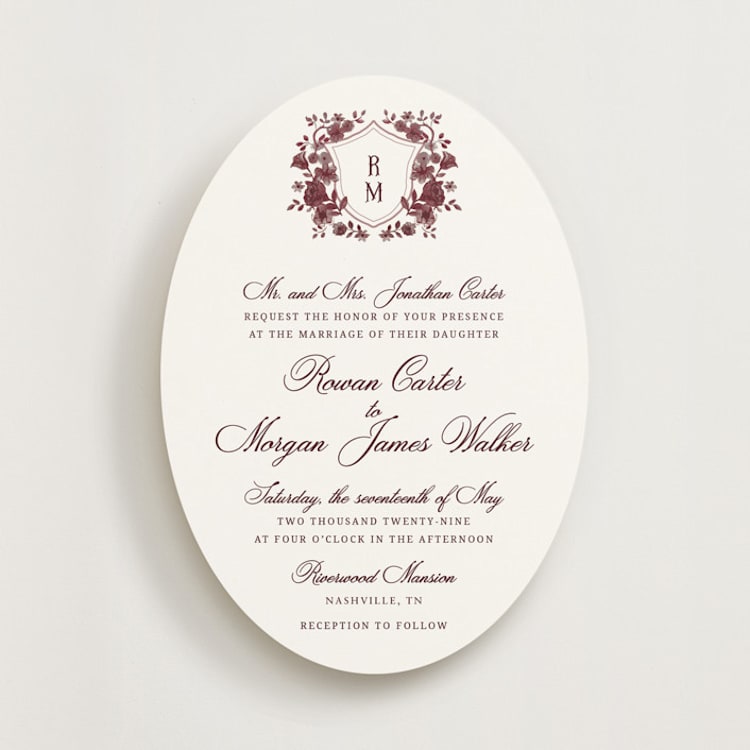 "Blooming Crest" - Wedding Invitations in Burgundy Velvet by Cass Loh - Front