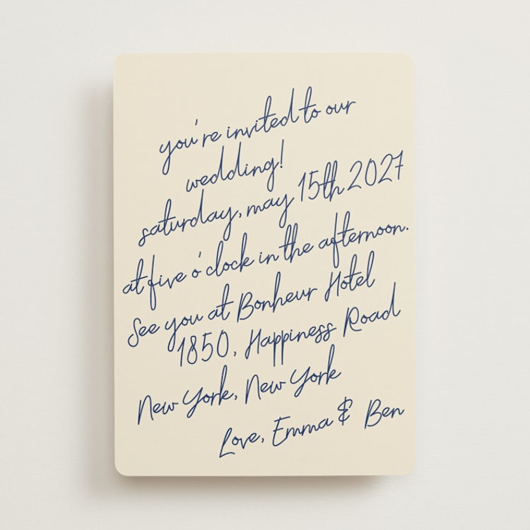 "Handwritten Letter" - Wedding Invitations in Blue Velvet by Helena Vitto - Front