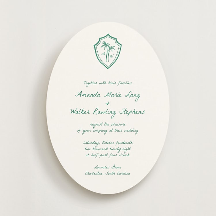 "Palm Tree Crest" - Wedding Invitations in Palm by Erika Firm - Front