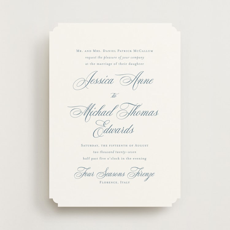 "Empire" - Wedding Invitations in Dusty Blue by Jennifer Postorino - Front