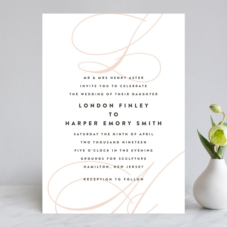 "Twirl Monogram B" - Wedding Invitations in Blush by Ariel Rutland - Front