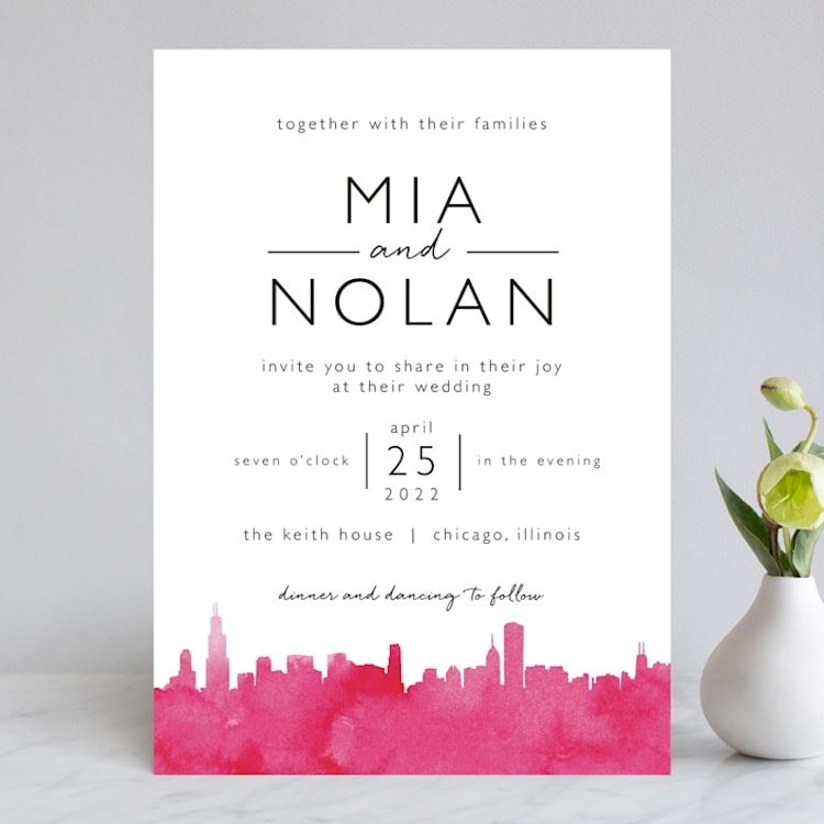 "Skyline Chicago" - Wedding Invitations in Magenta by Laura Condouris - Front
