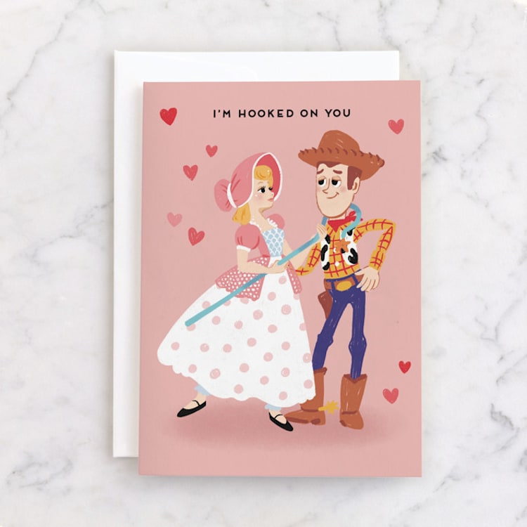 "Disney and Pixar's Hooked on you" - Single Greeting Cards in Camellia by Rebecca Smith - Front