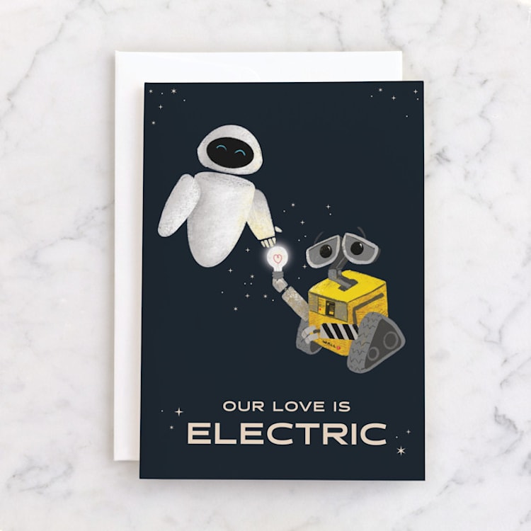"Disney and Pixar's Wall-E Electric Love" - Single Greeting Cards in Midnight by Holly Whitcomb - Front
