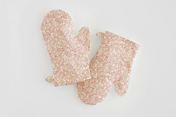 "Animal Dots" - Children's Oven Mitt Set in Tan by Michelle Fifis - Overhead
