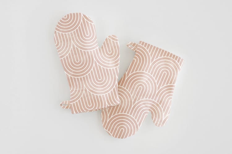 "Deco Arches" - Children's Oven Mitt Set in Pink by Hooray Creative - Overhead