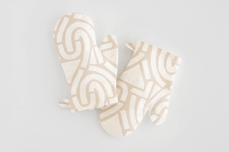 "Antique" - Children's Oven Mitt Set in Sand by Iveta Angelova - Overhead