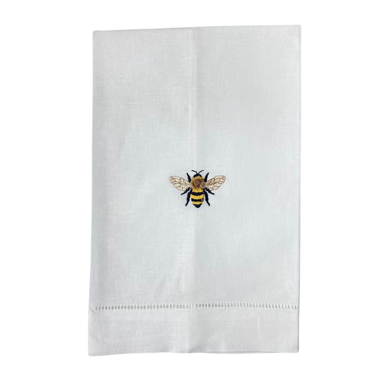 "Linen Hand Towel Embroidered with Bespoke Bumble Bee Design" - Tea Towels in white by Virginia Marcello