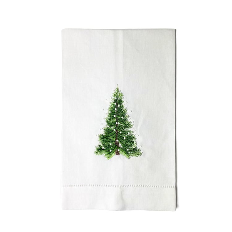 "Evergreen Tree Embroidered Hand Towel" - Tea Towels in white by Virginia Marcello