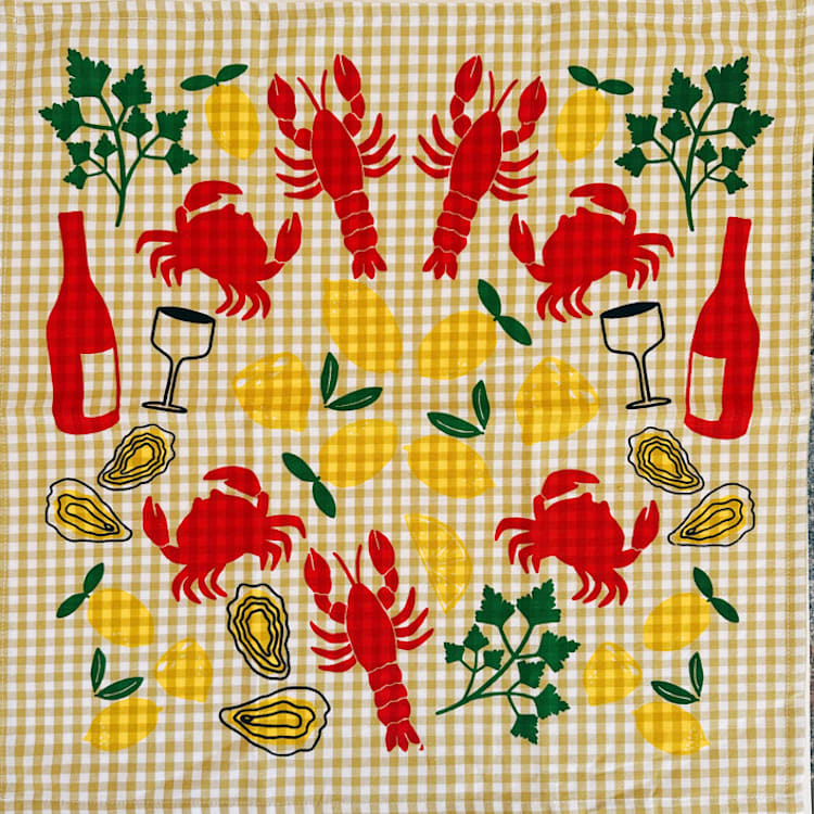 "Lobster Boil on Mustard Gingham Tea Towel" - Tea Towels in yellow by Julie Peach
