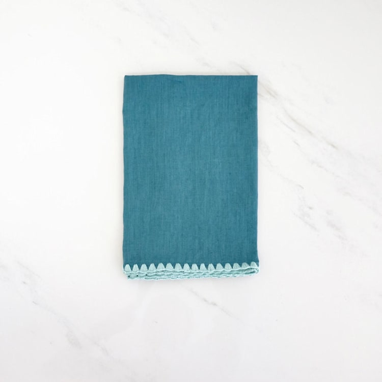 "100% Organic French Linen Teal Embroidered Tea Towel" - Tea Towels in blue by Tina Huang