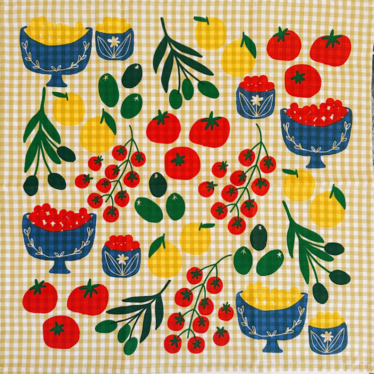 "Mangia! on Mustard Gingham Tea Towel" - Tea Towels in yellow by Julie Peach