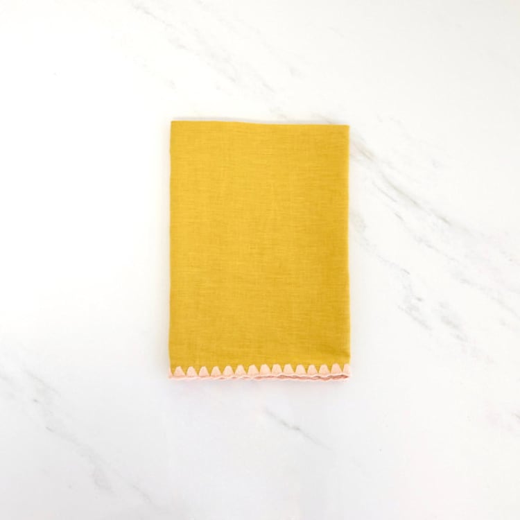"100% Organic French Linen Mustard Embroidered Tea Towel" - Tea Towels in yellow by Tina Huang