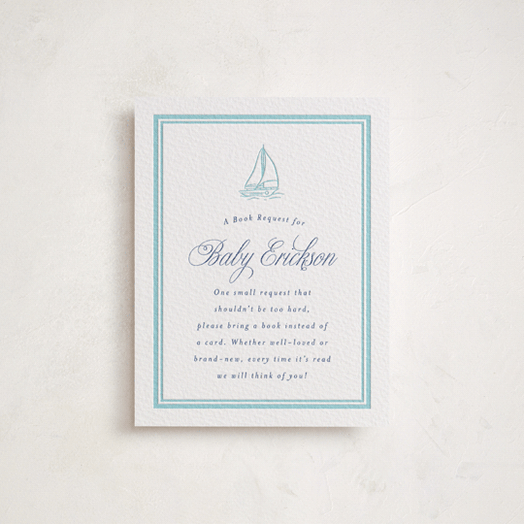 "On Board" - Letterpress Baby Shower Insert Cards in Robin's Egg | Lapis by Stephanie Hawkes - Front