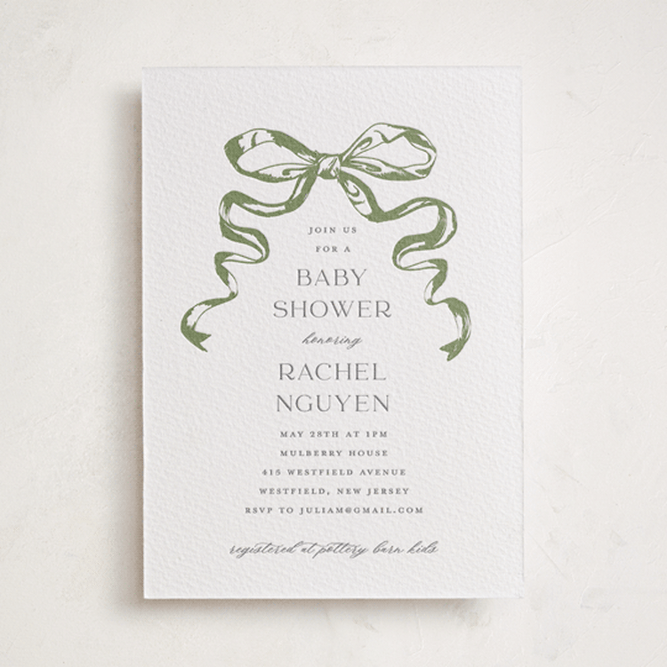 "Big Bow" - Baby Shower Invitations in Smoke | Olive by Teju Reval - Front