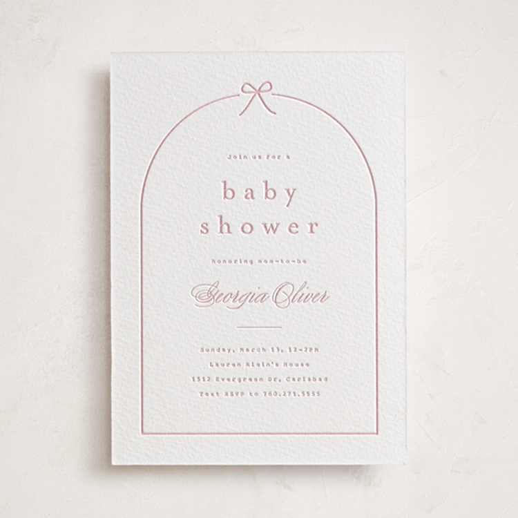 "Arching Bow" - Baby Shower Invitations in Peony by Carolyn MacLaren - Front