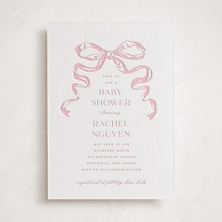 "Big Bow" - Baby Shower Invitations in Smoke | Peony by Teju Reval - Front