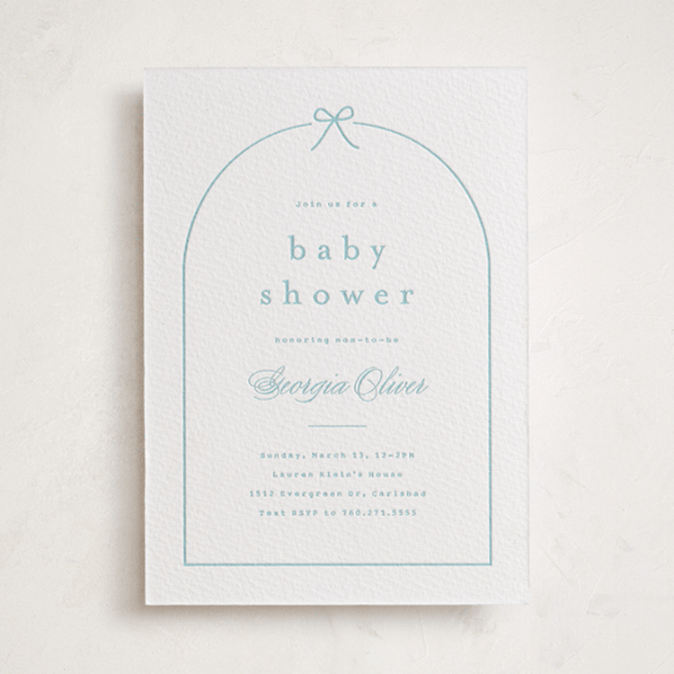 "Arching Bow" - Baby Shower Invitations in Robin's Egg by Carolyn MacLaren - Front