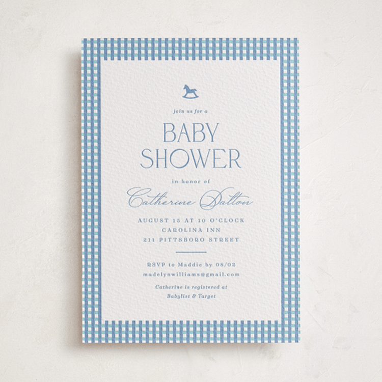 "Gingham Rockinghorse" - Baby Shower Invitations in Robin's Egg by Olivia Raufman - Front