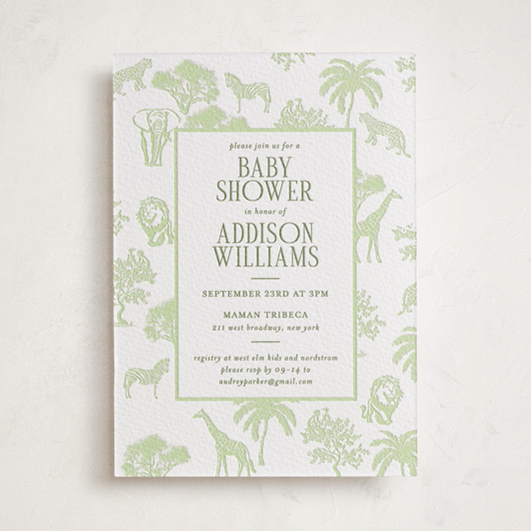 "Safari Toile" - Baby Shower Invitations in Olive | Matcha by Jenna Holcomb - Front