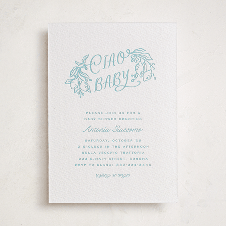 "Ciao Baby" - Baby Shower Invitations in Robin's Egg by Pati Cascino - Front