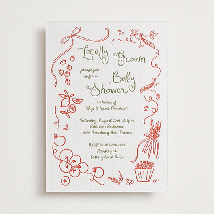 "Locally Grown Sketch" - Baby Shower Invitations in Olive | Verona Sunset by Jenna Holcomb - Front