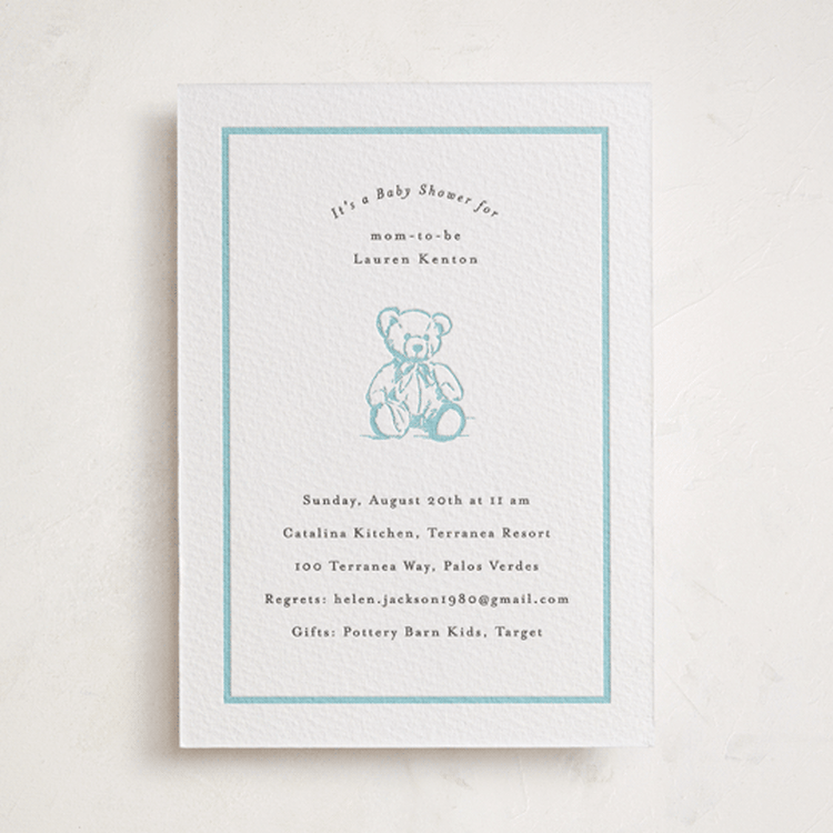 "Antique Teddy Bear" - Baby Shower Invitations in Robin's Egg | Soft Black by Becky Nimoy - Front