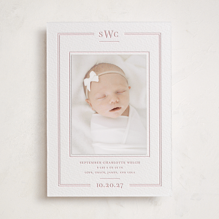 "Alcott" - Letterpress Birth Announcement Photo Mount Cards in Peony by Meagan Christensen - Front