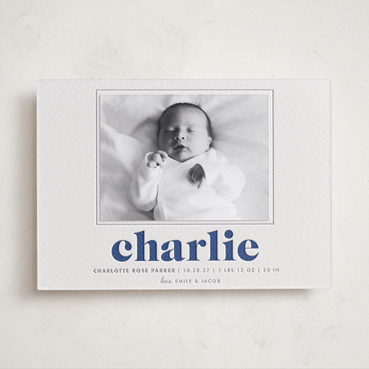 "Bold Nickname" - Letterpress Birth Announcement Photo Mount Cards in Lapis by Shirley Lin Schneider - Front