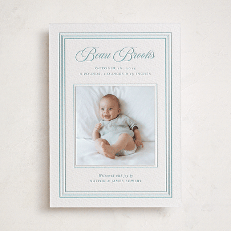 "Little Darling" - Letterpress Birth Announcement Photo Mount Cards in Robin's Egg by Alston Foster - Front