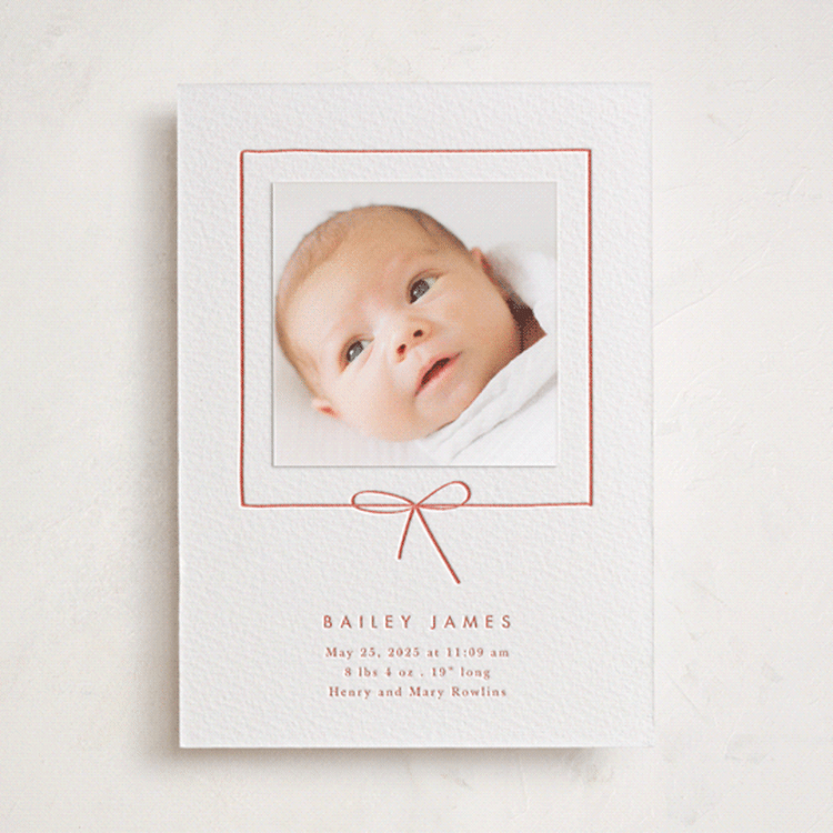"Little Bow" - Letterpress Birth Announcement Photo Mount Cards in Grapefruit by Baumbirdy - Front