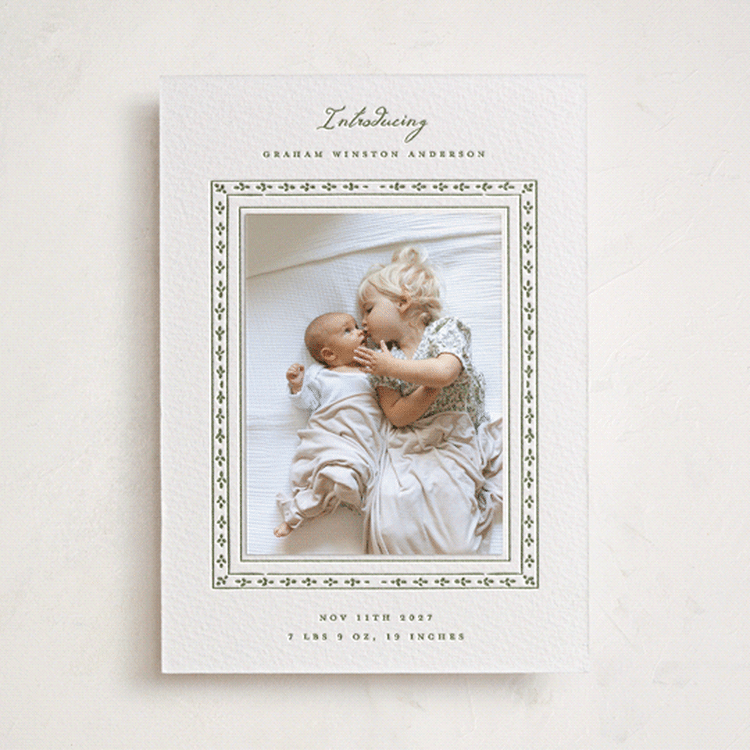 "Sylva" - Letterpress Birth Announcement Photo Mount Cards in Olive by Jelena Vuletic - Front
