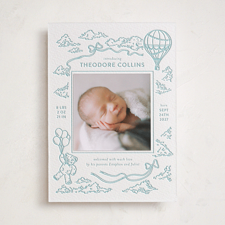 "Happy Sky" - Letterpress Birth Announcement Photo Mount Cards in Robin's Egg by Daniela Valle Chavelas - Front