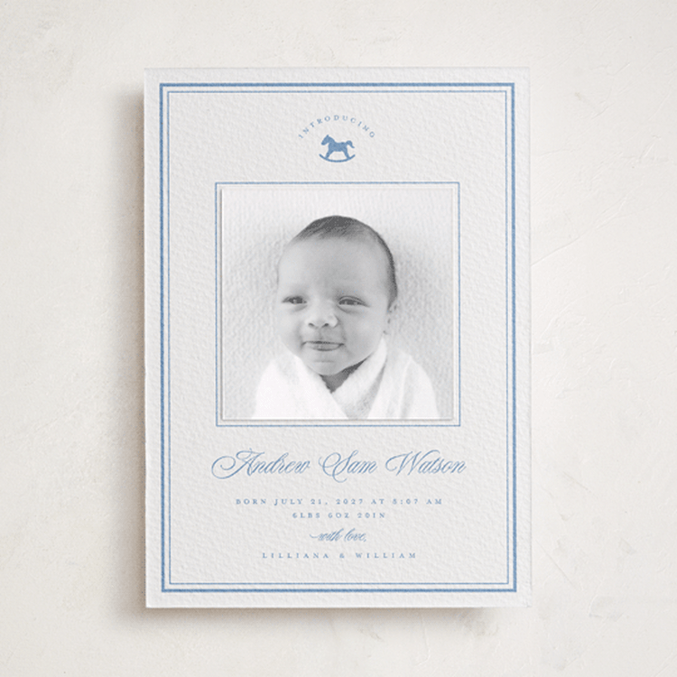 "classic iconic" - Letterpress Birth Announcement Photo Mount Cards in Pacific Blue by Christy Hy Lee - Front