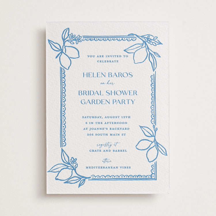 "Mediterraneo" - Letterpress Bridal Shower Invitations in Marine Blue by Pati Cascino - Front