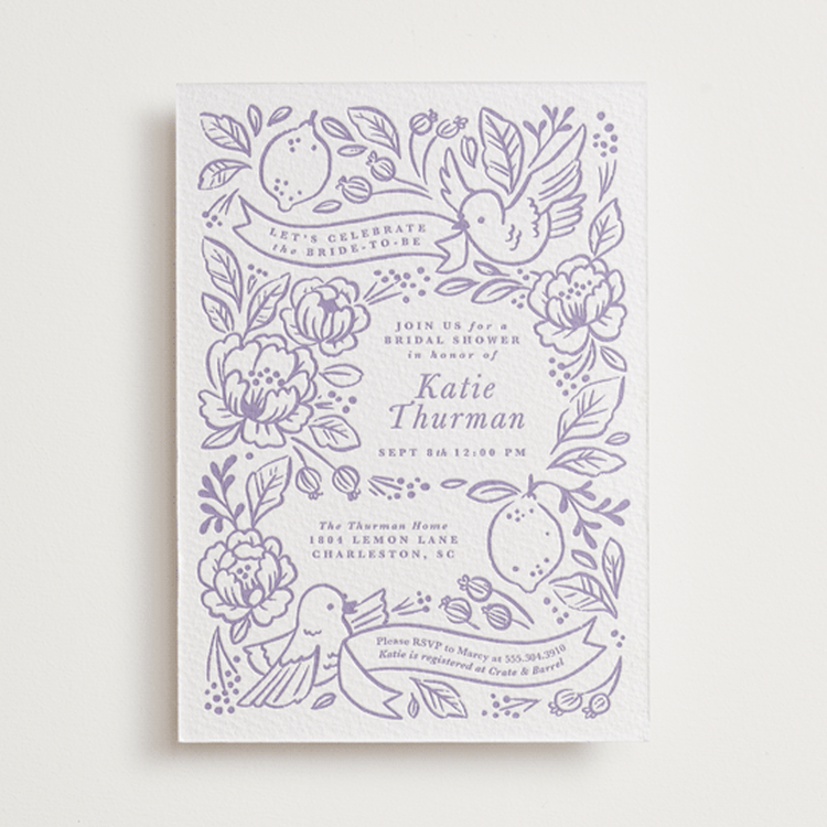 "Love Birds" - Letterpress Bridal Shower Invitations in Lavender by Rebecca Smith - Front