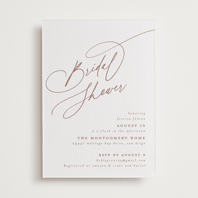 "Minimal" - Letterpress Bridal Shower Invitations in Cinnamon by Joanna Griffin - Front