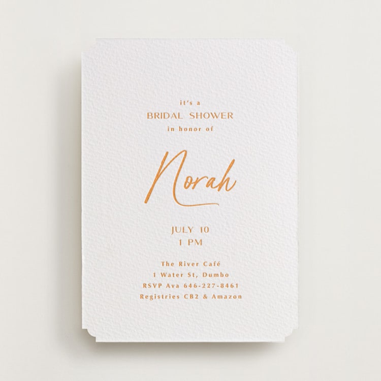 "Modern Script" - Letterpress Bridal Shower Invitations in Clementine by Ana Sharpe - Front