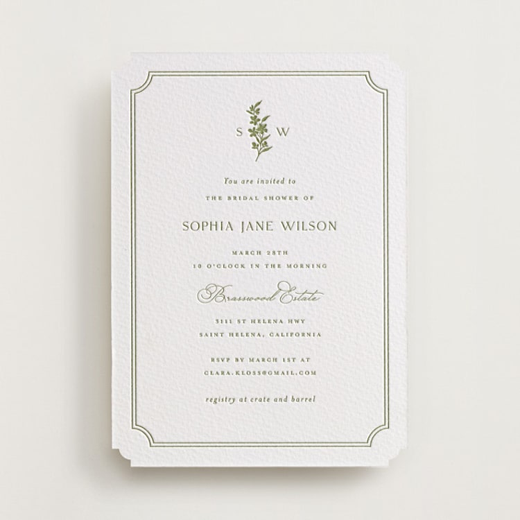 "Simply Elegant" - Letterpress Bridal Shower Invitations in Olive by Yaling Hou Suzuki - Front