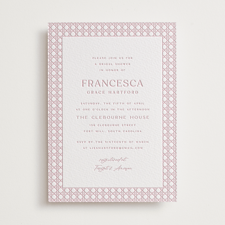 "delicate rattan" - Letterpress Bridal Shower Invitations in Peony by Ellen Schlegelmilch - Front
