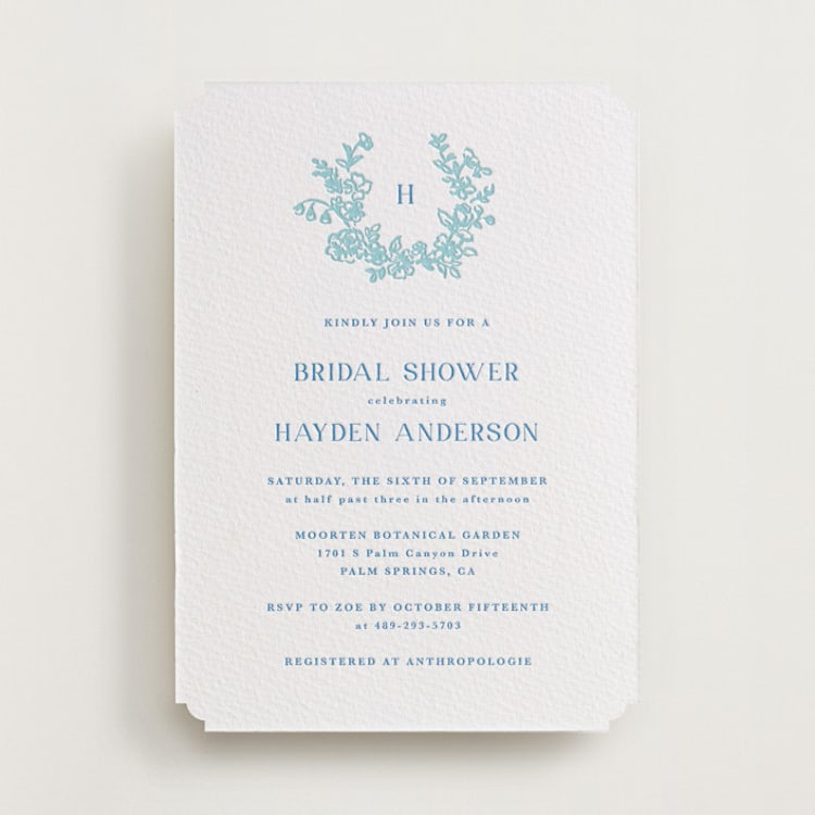 "Flowers monogram" - Letterpress Bridal Shower Invitations in Robin's Egg | Marine Blue by Cass Loh - Front