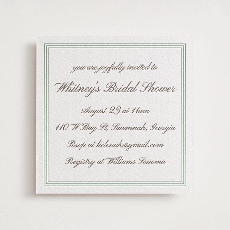 "Love in Script" - Letterpress Bridal Shower Invitations in Cacao Bean by Cass Loh - Front