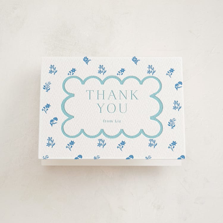 "Petite Jolie" - Letterpress Baby Shower Thank You Cards in Robin's Egg | Marine Blue by Hannah Bowman - Front