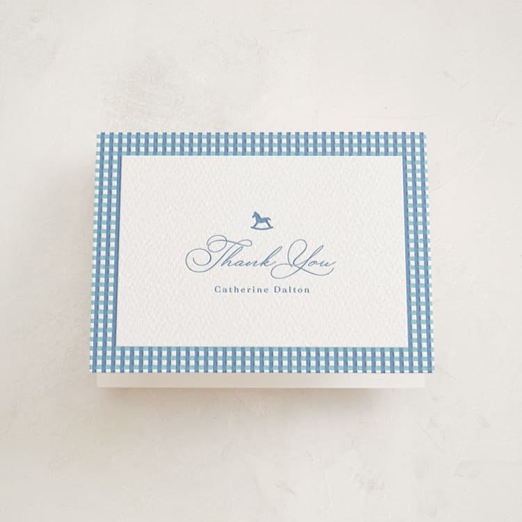 "Gingham Rockinghorse" - Letterpress Baby Shower Thank You Cards in Robin's Egg by Olivia Raufman - Front