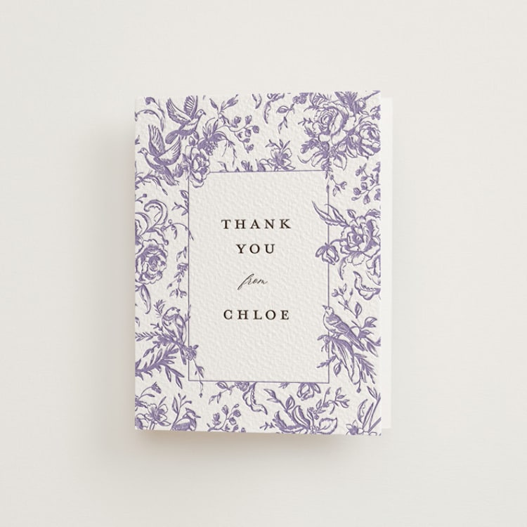 "Dreamy Toile" - Letterpress Bridal Shower Thank You Cards in Lavender | Graphite by Teju Reval - Front