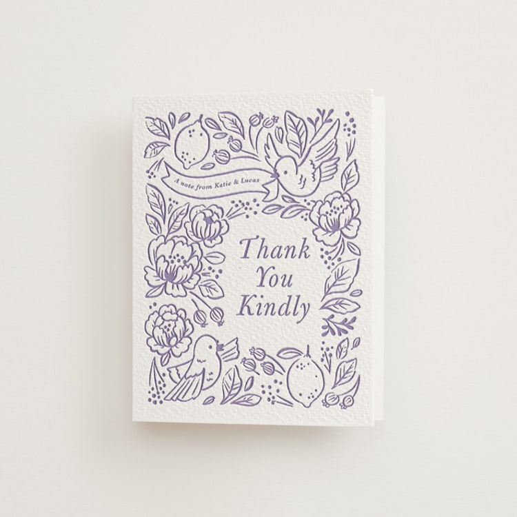 "Love Birds" - Letterpress Bridal Shower Thank You Cards in Lavender by Rebecca Smith - Front