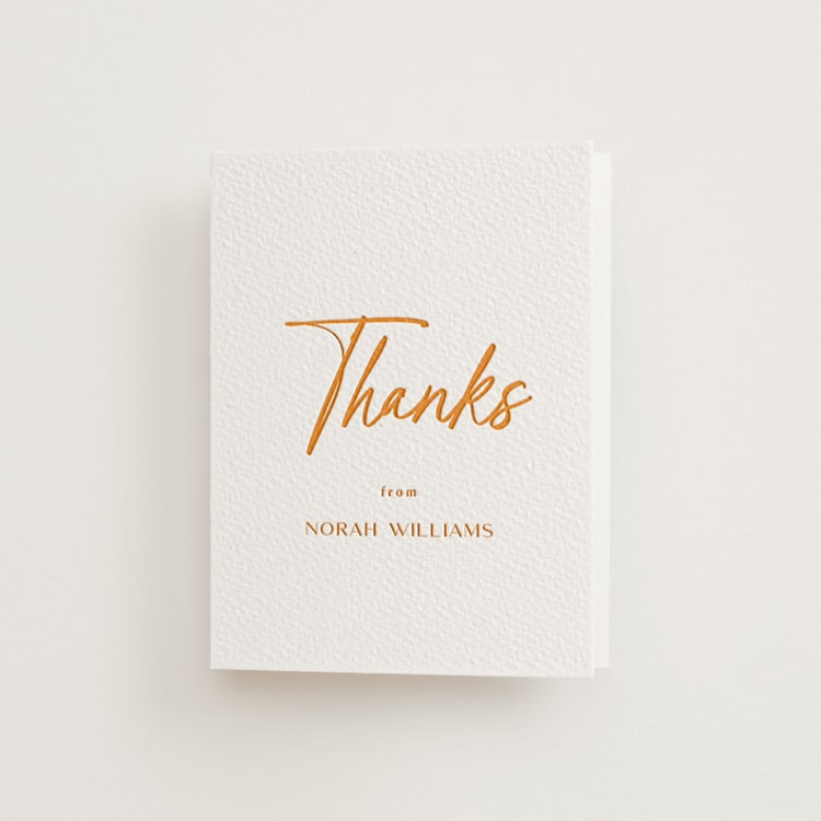 "Modern Script" - Letterpress Bridal Shower Thank You Cards in Clementine by Ana Sharpe - Front